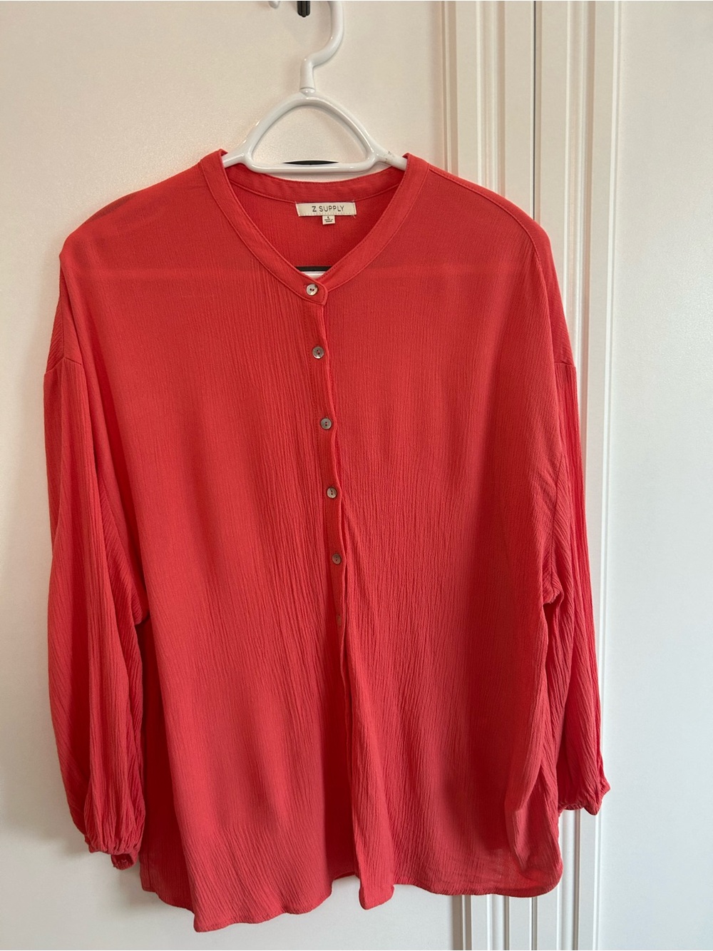 Z Supply Coral Red Button-Front Long Sleeve Top